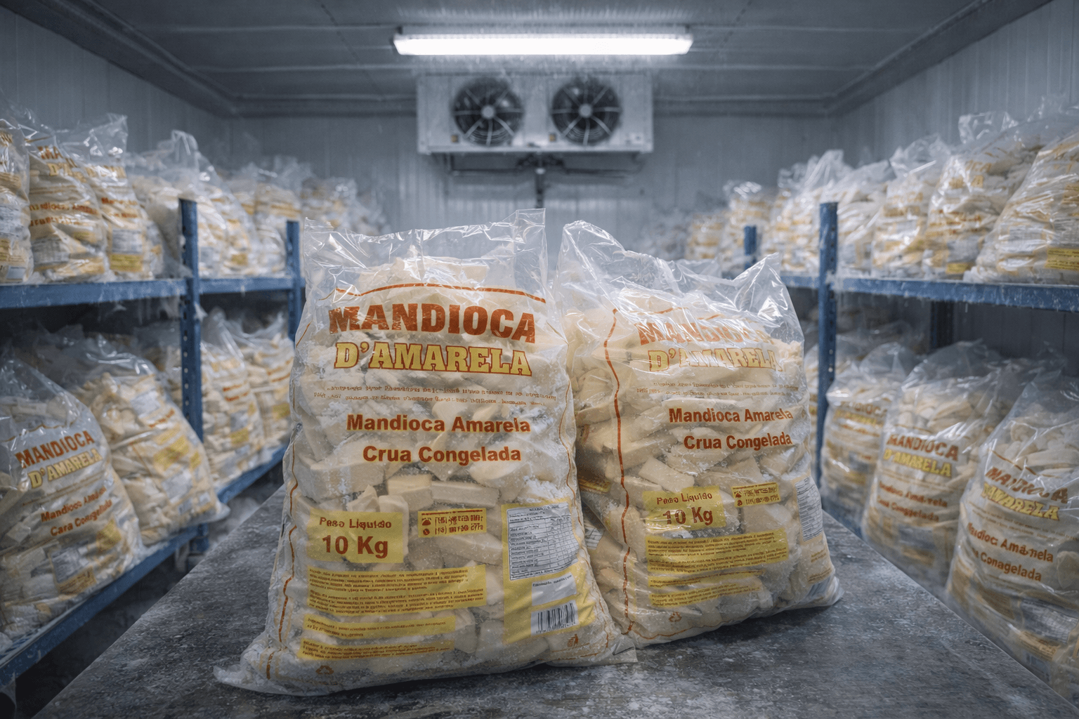 Câmara fria com mandioca armazenada em grande volume