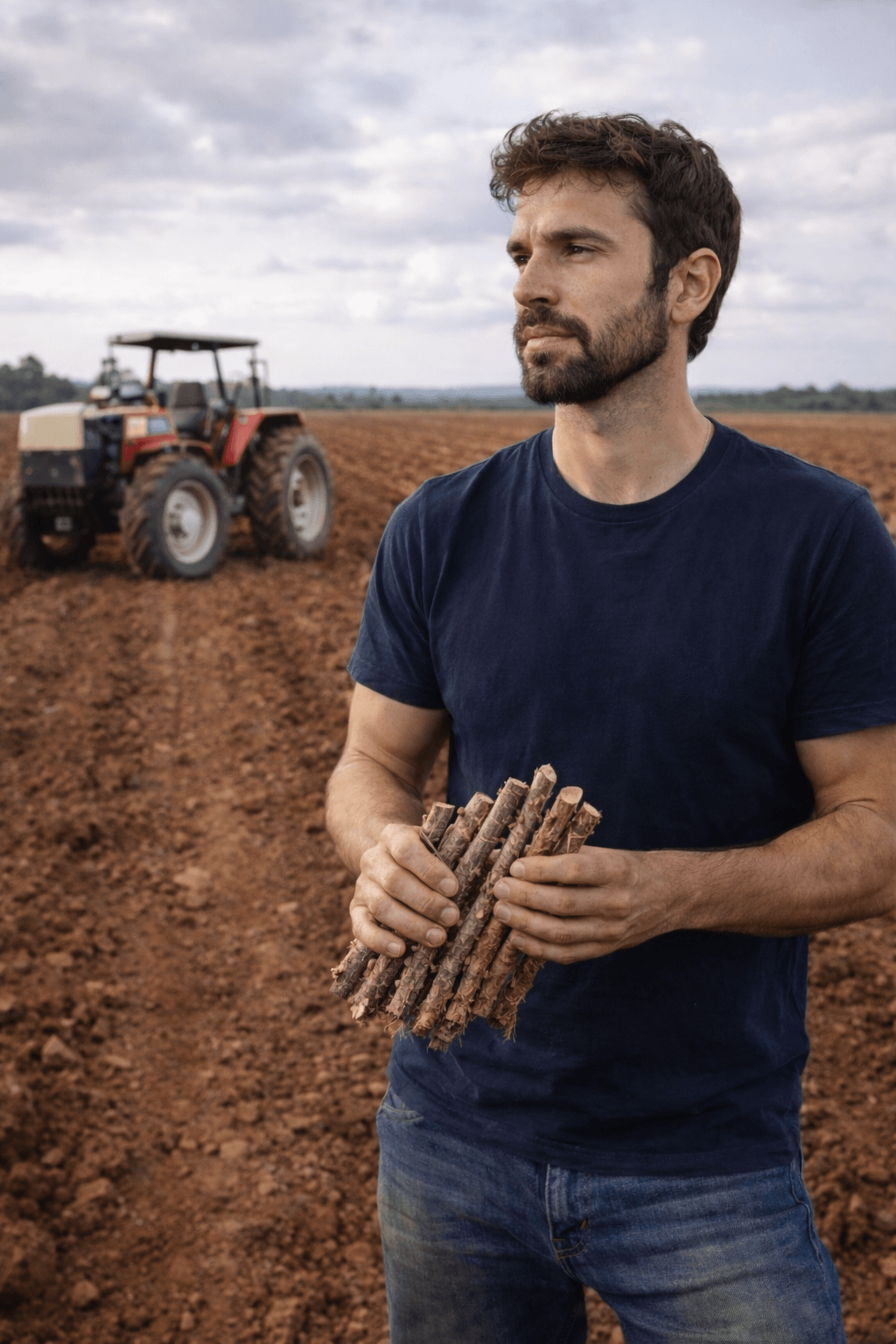 Produtor selecionando ramas de mandioca para plantio